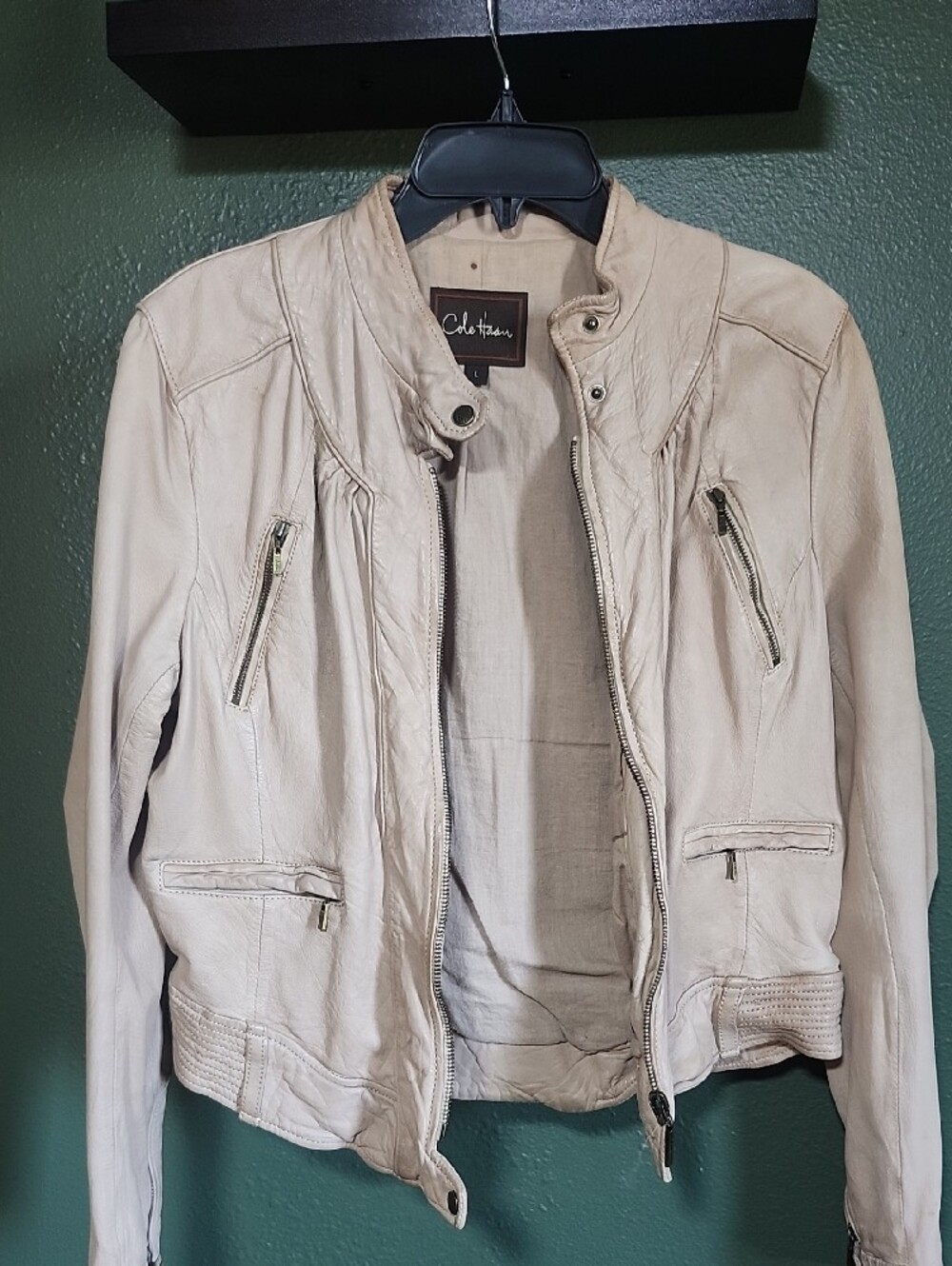 Cole Haan Light Cream Leather Moto Jacket